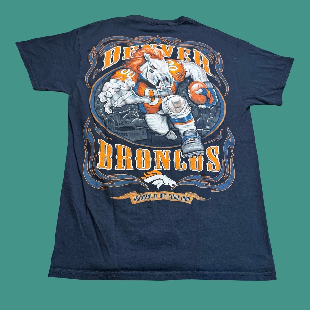 Denver Broncos T Shirt Mens S/M Black 2 Sided NFL Football Graphic Y2K